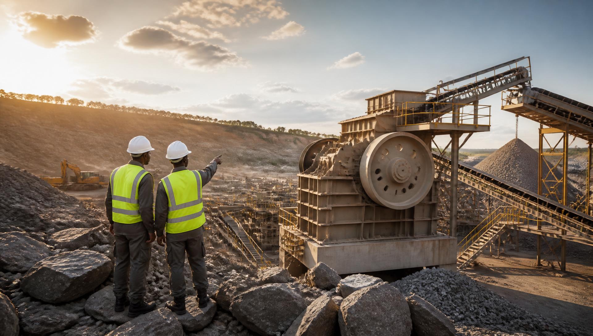 Yawira Fabricators engineers overseeing a modern quarry crushing plant at sunset