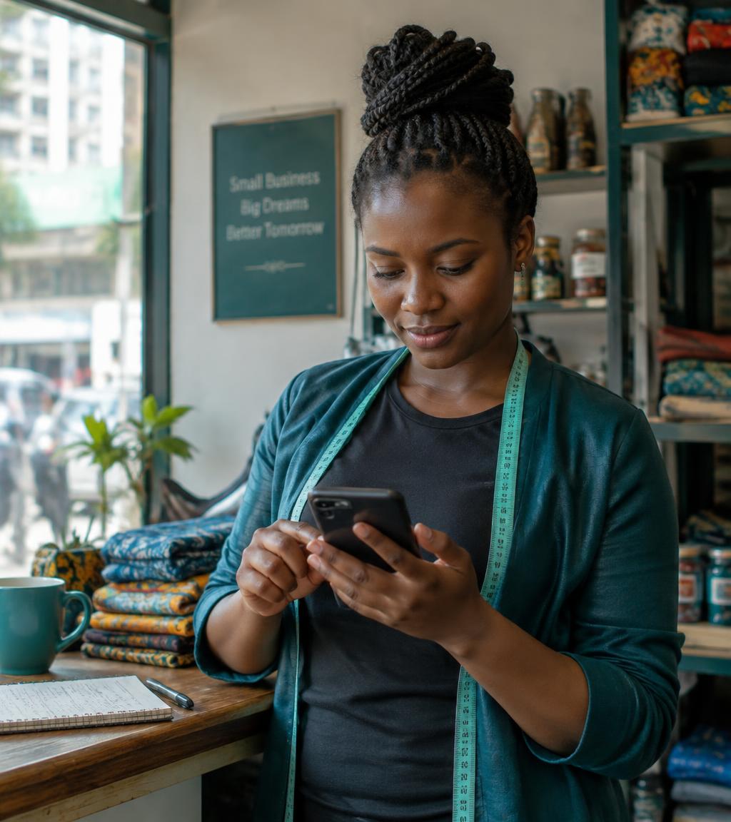 Nairobi shop owner checking loan options on her phone